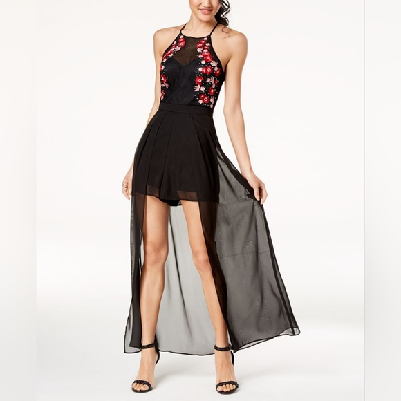 Crystal Doll Dresses & Skirts - Macy's CRYSTAL DOLL Embroidered Roses Black Romper Maxi Dress Juniors 5 S
